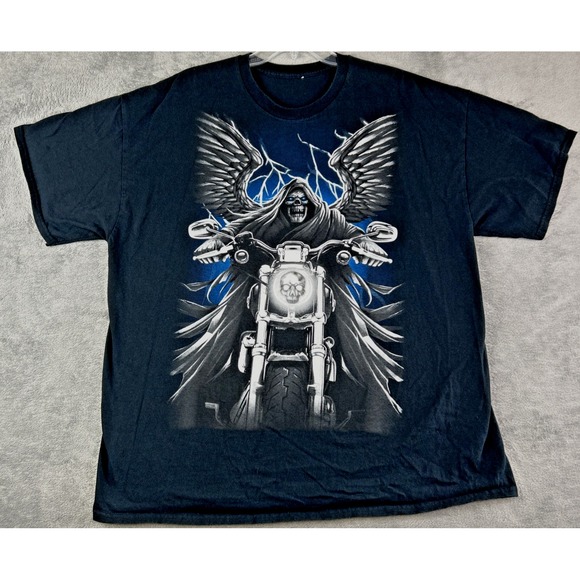 Men's‎ Graphic T Shirt XL 48" Grim Reaper Riding Motorcycle Biker Grunge Horror - Picture 1 of 6